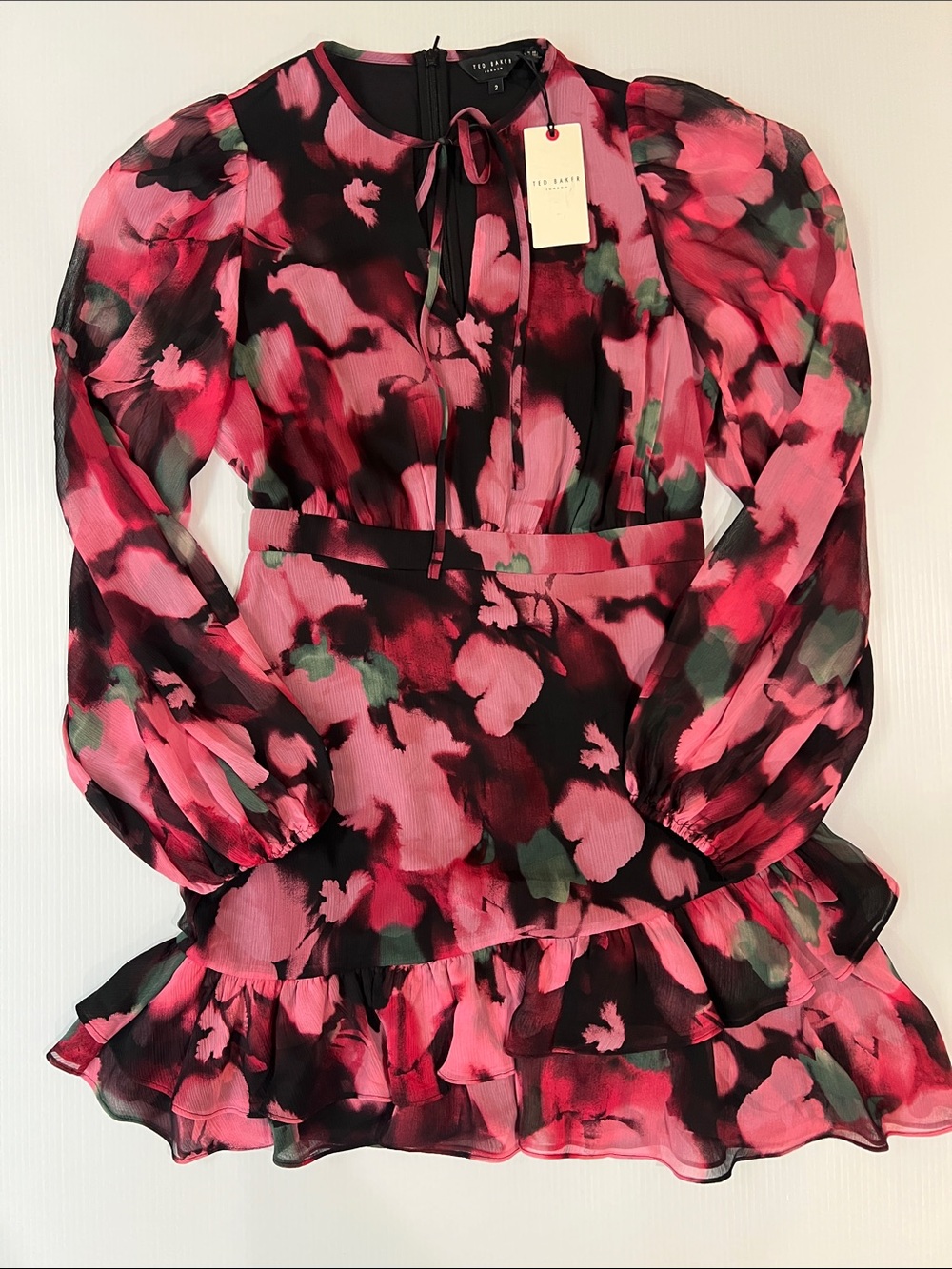 New Ted Baker Women’s Pink and Black Floral Mini Dress in Size Small